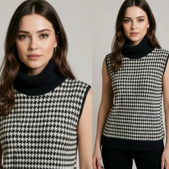 RALPH LAUREN Houndstooth Sleeveless Wool Angora Cashmere Turtleneck Sweater - Picture 1 of 9